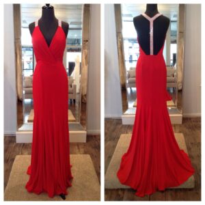 DEEP V JERSEY RHINESTONE T BACK GOWN