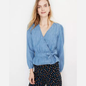 DENIM WRAP TOP WITH PUFF SLEEVES
