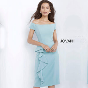 LIGHT BLUE HALTER SCUBA SIDE RUFFLE GOWN