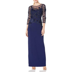 LIGHT NAVY BEADED ILLUSION COLUMN GOWN