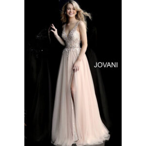 NUDE LONG FLOWY HIGH SLIT JEWELED GOWN