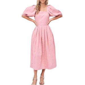 SQUARE NECK PLEATED MIDI DRESS